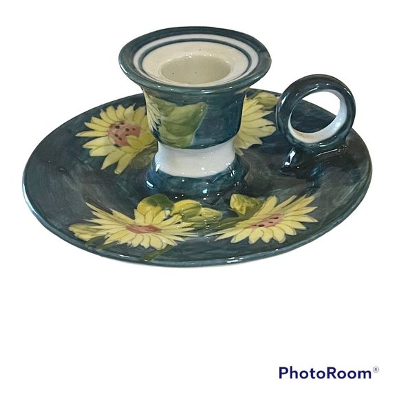 Vintage Chamberstick Hand Painted Thailand Candlestick Holders pair SUNFLOWERS - Picture 4 of 11
